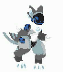 a pixel art of a robot with blue eyes and a helmet standing on a white background .