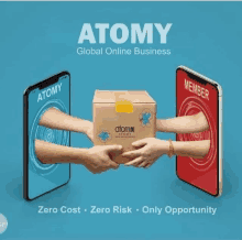 a poster for atomy global online business shows two hands holding a box