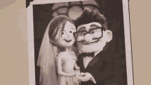 a black and white photo of a cartoon couple