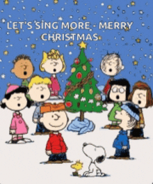 a group of peanuts characters singing christmas songs in front of a christmas tree