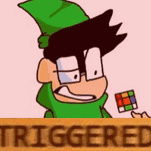 a cartoon character in a green hat is holding a rubik 's cube behind a sign that says triggered .