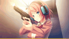 a girl with pink hair is holding a gun