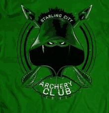 the logo for the starling city archery club has a green arrow with a hood on .