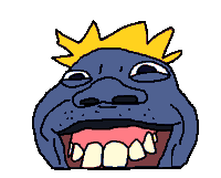 a cartoon drawing of a blue face with a yellow crown on it