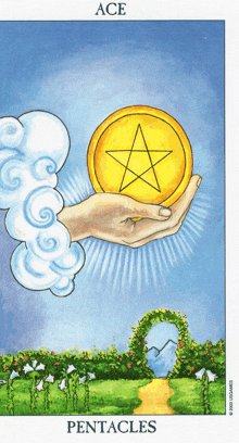 a tarot card shows a hand holding a coin with a pentacle on it