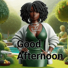 a woman in a green dress is standing in a garden with the words good afternoon written on the bottom