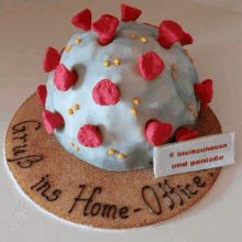 a cake that looks like a virus with a sign that says ins home-office