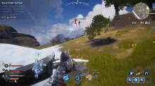 a screenshot of a video game with a person flying a kite in the background