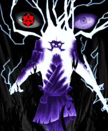 a drawing of a samurai with a red eye and a purple eye surrounded by lightning