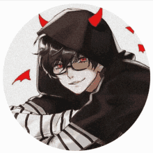 a boy with red horns is wearing a black hood