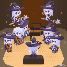 a pixel art drawing of a group of witches including one wearing a purple hat