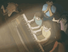 a group of children are playing a piano and one of them is wearing a blue shirt