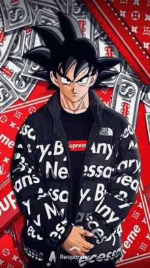 a picture of a cartoon character wearing a black supreme jacket