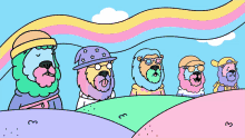 a cartoon drawing of a group of lions wearing sunglasses and hats