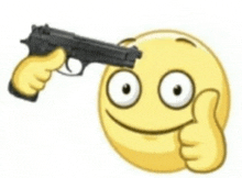 a smiley face is holding a gun to its head while giving a thumbs up .