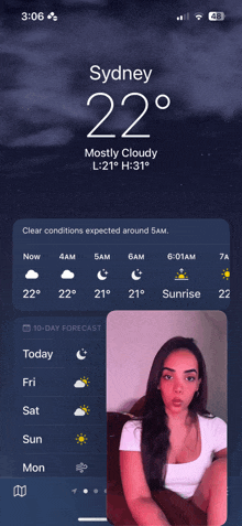 a phone screen shows the temperature in sydney at 22 degrees celsius