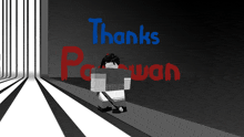 a cartoon character is standing in front of a wall that says thanks perwan