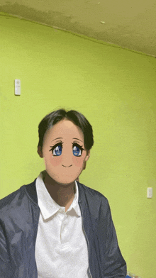 a man wearing a blue jacket and a white shirt has a cartoon face on his face