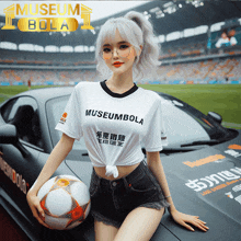 a woman holding a soccer ball in front of a museum bola car