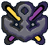 a pixel art illustration of a shield with swords on it .