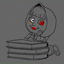 a black and white drawing of a girl with red eyes sitting on a stack of books