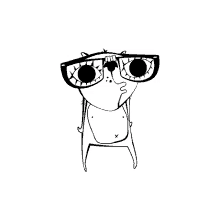 a black and white drawing of a bulldog wearing glasses