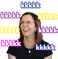 a woman wearing glasses is surrounded by stickers that say ' kkk '