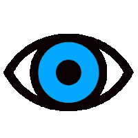 a blue eye with a black outline and a black circle in the middle .