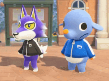 a purple wolf and a blue sheep are standing next to each other on a sidewalk