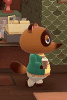 a cartoon raccoon holding a cup of coffee in a room