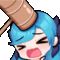 a pixel art of a girl with blue hair holding a wooden hammer to her head .