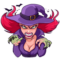 a cartoon witch with a purple hat and green claws .