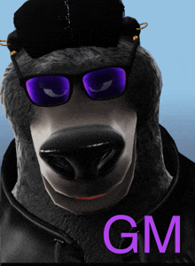 a picture of a bear wearing sunglasses and a hat with gm written on the bottom