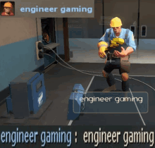 a man in a hard hat is standing next to a blue box with the words engineer gaming on it