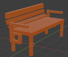 a 3d model of a wooden park bench with a red circle around it