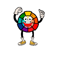 a cartoon illustration of a colorful circle with arms and legs