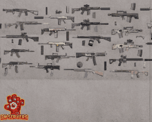 a bunch of guns are displayed on a wall with the bn servers logo