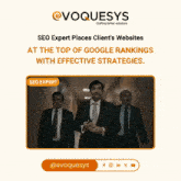 an ad for evoquesys that says seo expert places client 's websites at the top of google rankings effective strategies