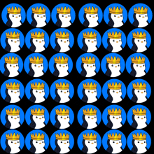 a repeating pattern of penguins wearing crowns in blue circles