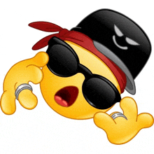 a cartoon smiley face wearing sunglasses , a top hat and a bandana .