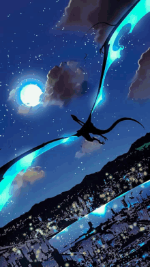 a dragon flying over a city at night with a full moon in the background