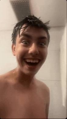 a shirtless young man is taking a shower and smiling for the camera