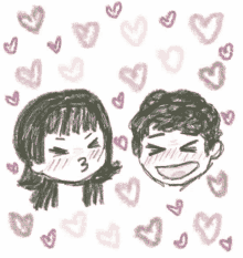 a drawing of a boy and a girl with hearts surrounding them