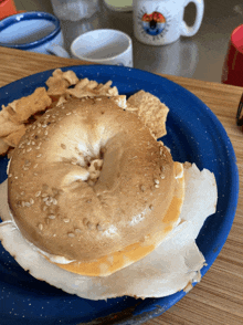 a blue plate with a bagel sandwich on it