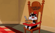 a cartoon cat is sitting in a high chair with a bowl of brat