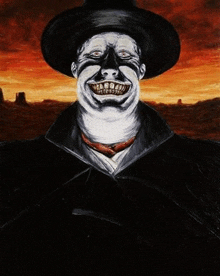 a painting of a man with a black hat and a white face painted on it .