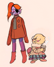 a drawing of a cartoon character standing next to another character