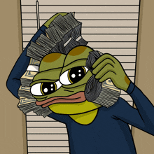 a cartoon of a frog holding a stack of dollar bills