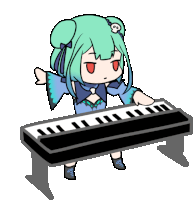 a cartoon of a girl playing a piano with a skull on her head