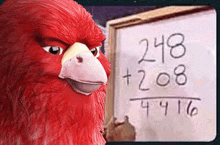 a red bird is standing in front of a whiteboard with math problems written on it .